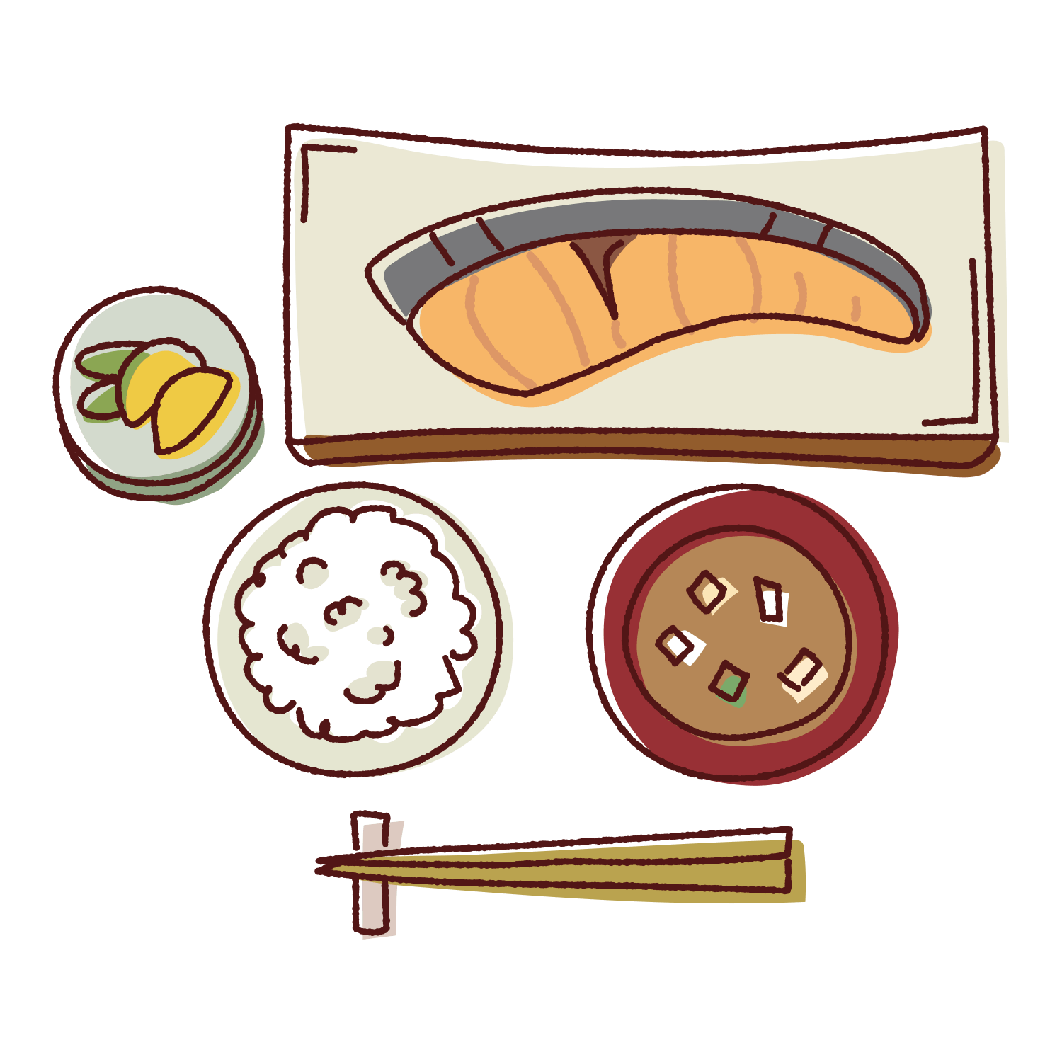焼き鮭定食のイラスト