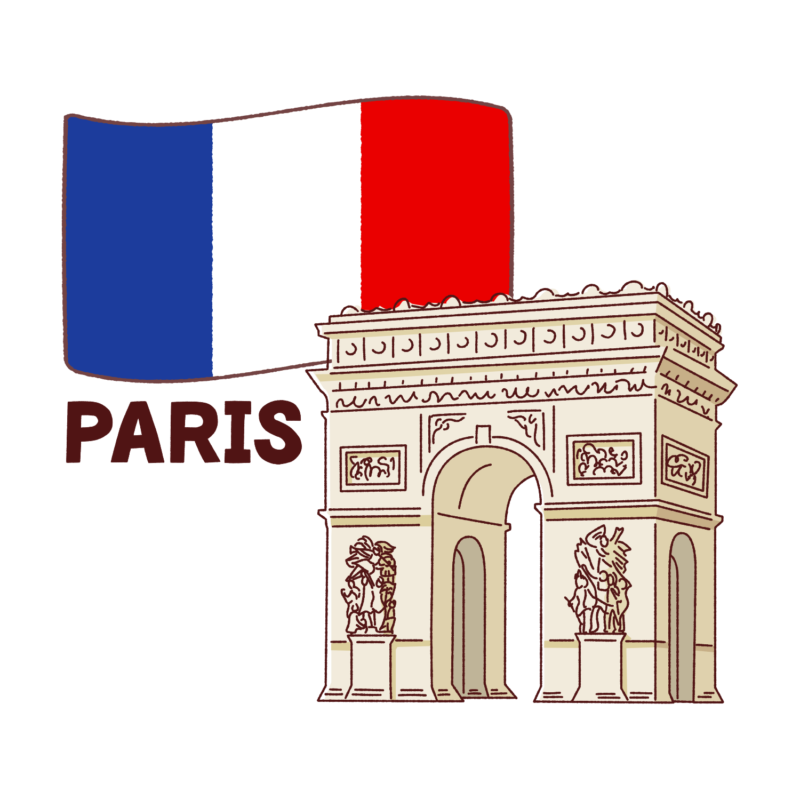 凱旋門とフランス国旗とパリの文字のイラスト